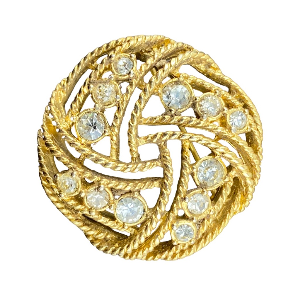 Vintage Woven Gold Tone Round Brooch w/ Clear Rhinestones- 1 3/8” diameter